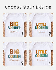 four different baby onesies with the names "Big Brother", "Little Brother", "Big Cousin", and "Little Cousin" printed on them.