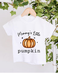 A white t-shirt with a graphic design of a pumpkin and the text "Mummy's Little pumpkin" printed on it, hanging on a wooden hanger.