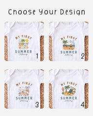 four different designs of white t-shirts, each featuring a unique summer-themed graphic and text.