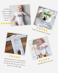 The image is a collage of four photos featuring a baby wearing a white onesie with a rainbow design, a baby wearing a white onesie with a cat design, a baby wearing a white onesie with a rainbow design, and a baby wearing a white onesie with a cat design. The photos are described as "very cute" and "excellent quality, very fast delivery, and outstanding customer service."