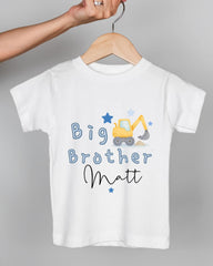A white t-shirt with a graphic design of a yellow construction vehicle and the text "Big Brother Matt" printed on it.