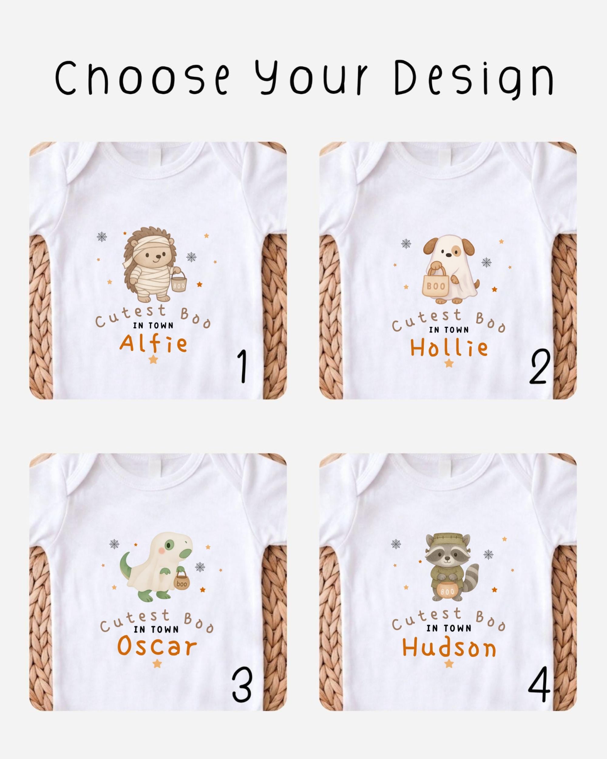 four different t-shirt designs featuring cartoon animals, including a hedgehog, a dog, a cat, and a raccoon, along with the text "Cutest Boo in Town" and the names "Alfie", "Hollie", " Oscar", and " Hudson".