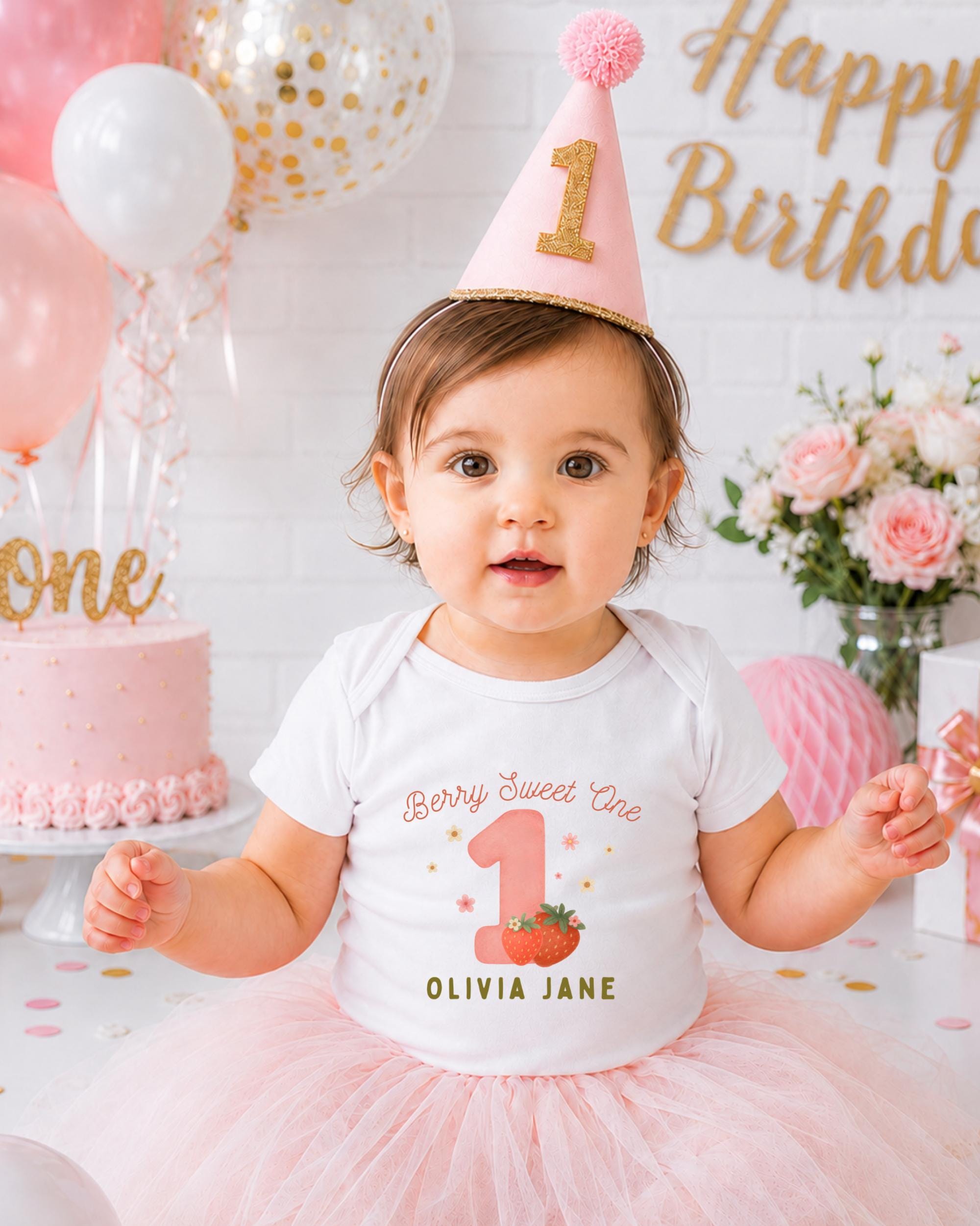 A young girl wearing a birthday hat and a white t-shirt with a strawberry design is posing in front of a birthday cake and balloons.
