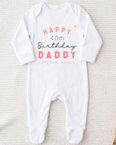 A white onesie with text and graphics printed on it, celebrating a 40th birthday for a father.