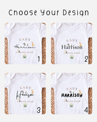 four different baby shirts with the name "Baby Harrison" printed on them. The shirts are arranged in a grid format, with each shirt having a unique design and text.