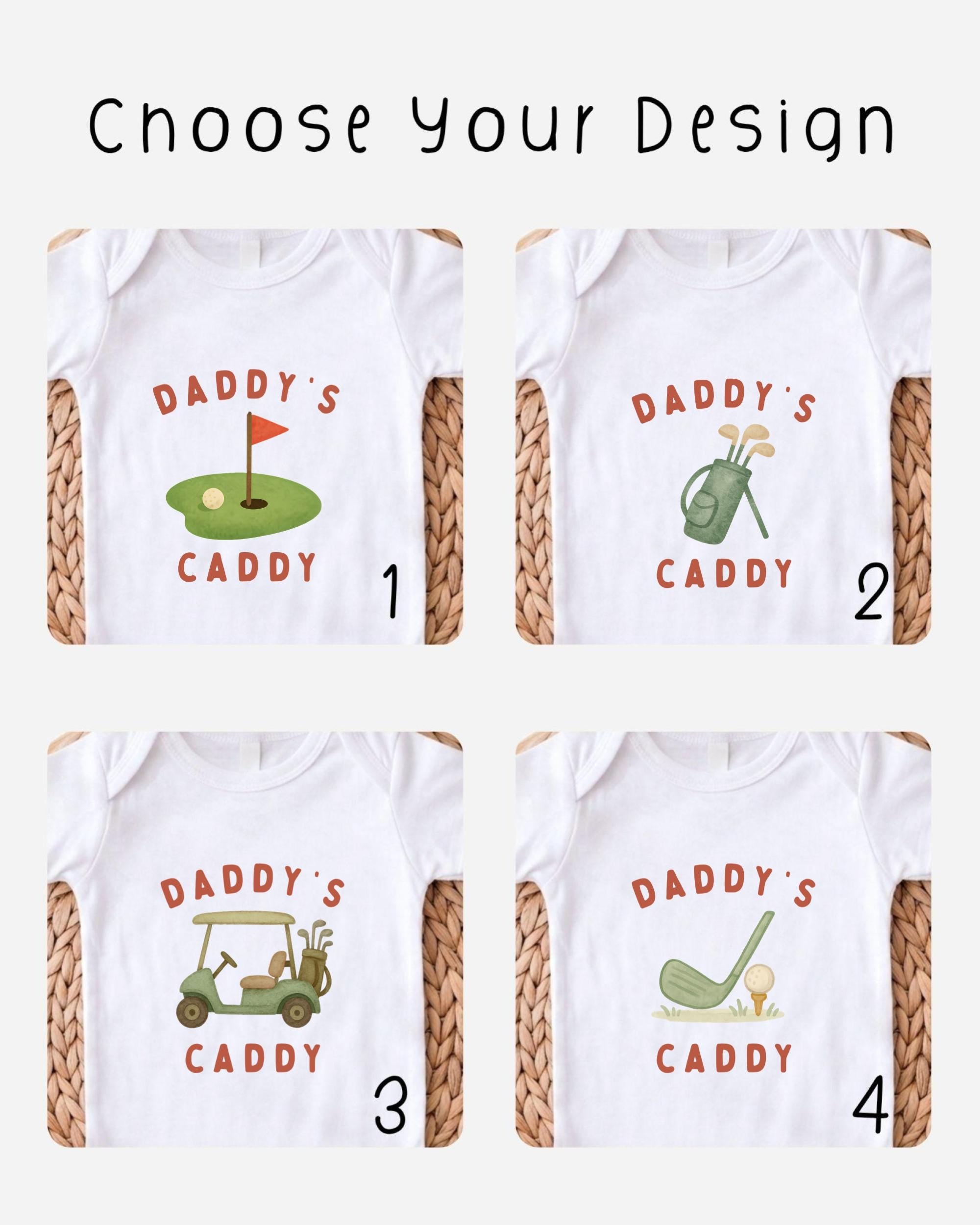 four different t-shirt designs featuring golf-related graphics and text, with the text "DADDY'S CADDY" printed on them.