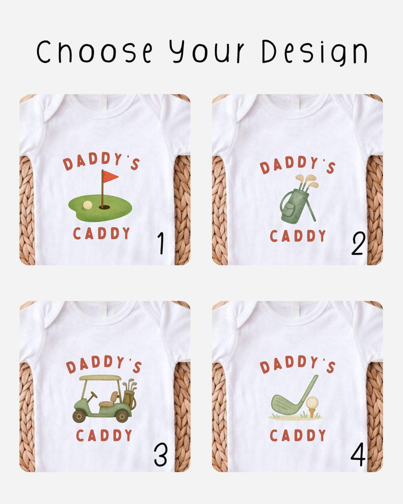 four different t-shirt designs featuring golf-related graphics and text, with the text "DADDY'S CADDY" printed on them.