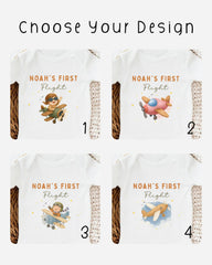 four different t-shirt designs featuring a cartoon airplane and the text "Noah's First Flight" printed on them.