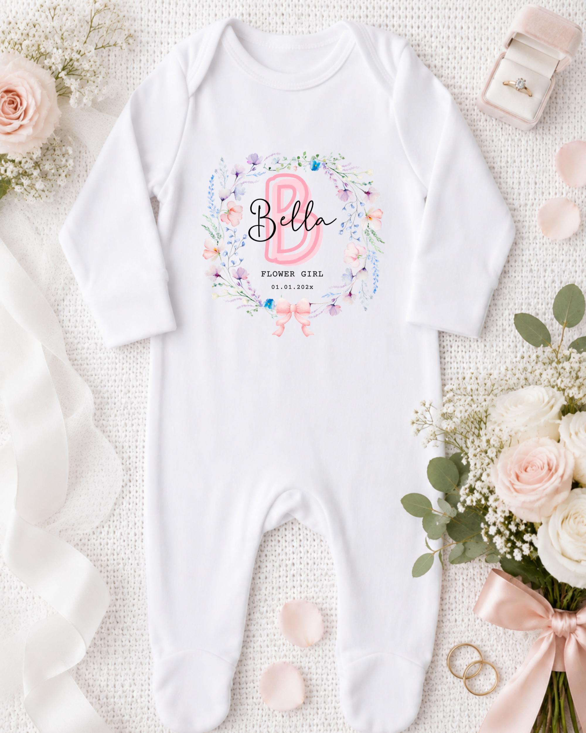 A white onesie with a floral design and the name "Bella" printed on it, along with a pink ribbon and a bouquet of white flowers.