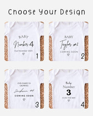 four white t-shirts with black text and numbers, each displaying a different announcement related to the upcoming arrival of a baby.