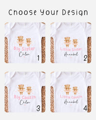 four different t-shirt designs featuring the names "Big Sister" and "Little Sister" along with illustrations of teddy bears.
