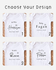 four baby shirts with personalized names and due dates.