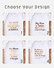 four different t-shirt designs with humorous text related to the concept of a "mum" or "aunt".