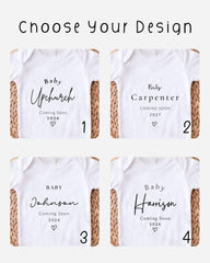four white baby onesies with text that announces the upcoming birth of a baby. The text on the onesies reads "Baby UphChurch Coming Soon 2016", "Baby Carpenter Coming Soon 2017", "Baby Johnson Coming Soon 2016", and "Baby Harrison Coming Soon 2017".