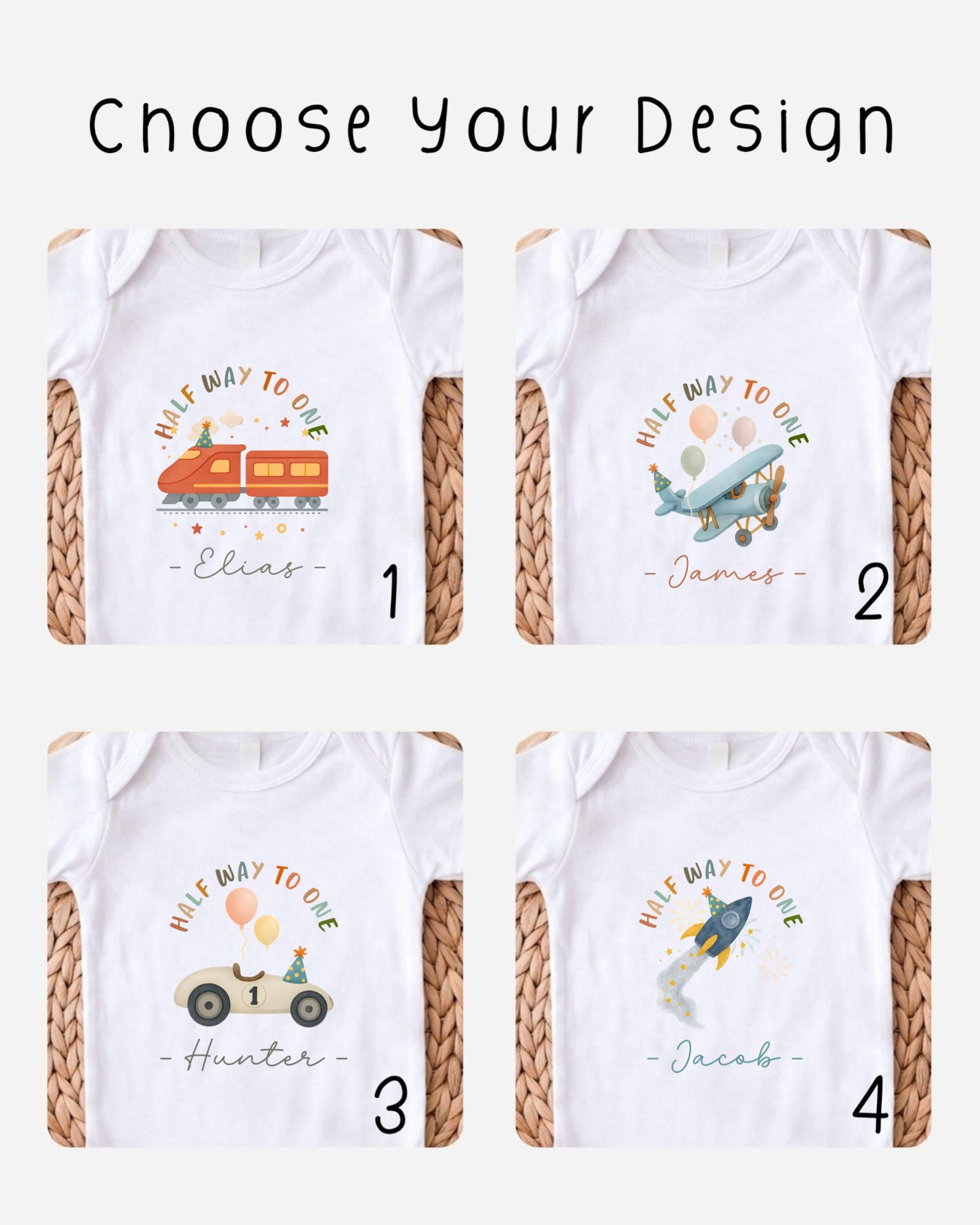 four different t-shirt designs, each featuring a unique theme and character. The designs include a train, a car, a rocket, and a person. The t-shirts are labeled with the names 'Elias', 'James', 'Hunter', and 'Jacob'.
