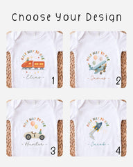 four different t-shirt designs, each featuring a unique theme and character. The designs include a train, a car, a rocket, and a person. The t-shirts are labeled with the names 'Elias', 'James', 'Hunter', and 'Jacob'.
