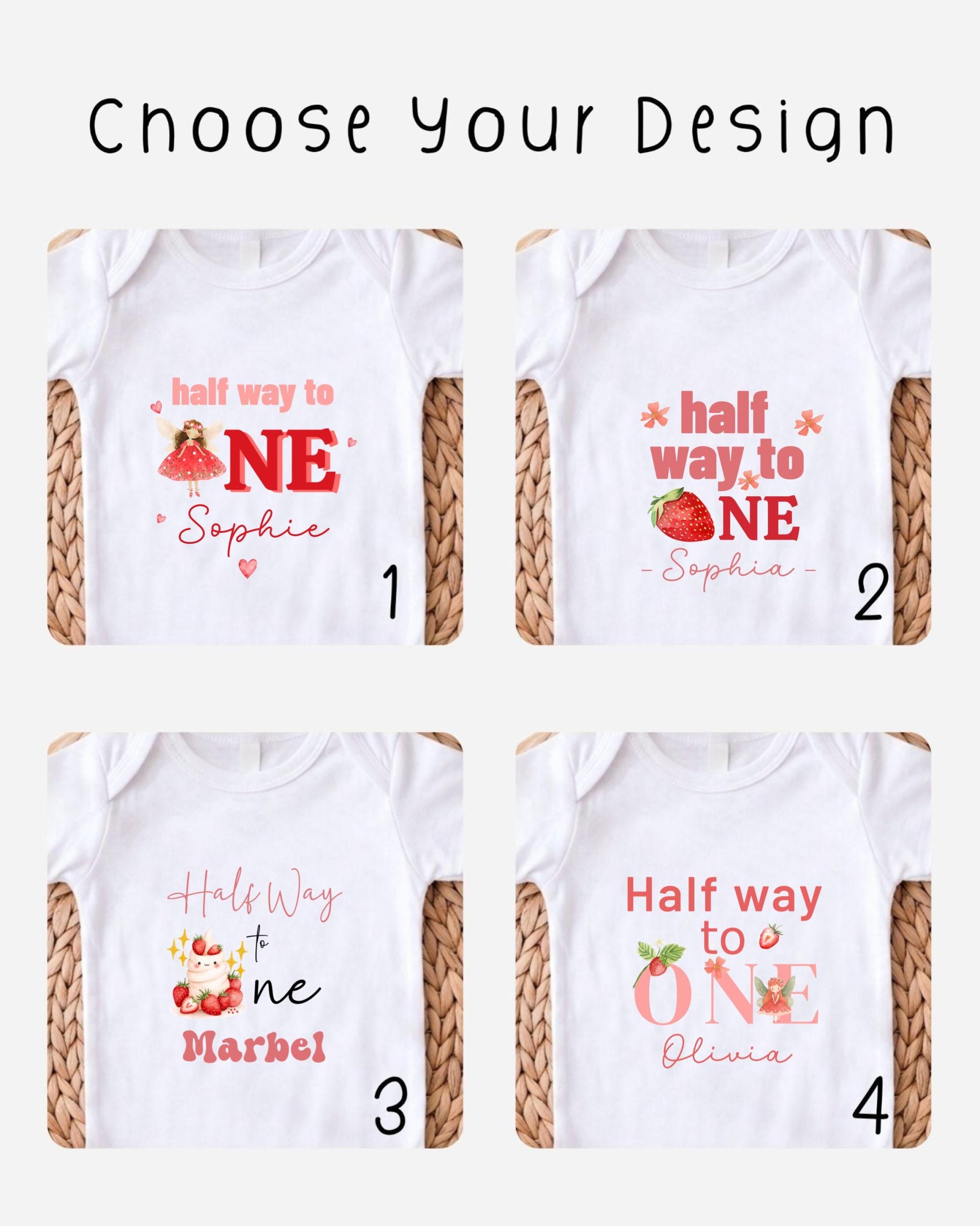 four different white t-shirts with various designs and text related to a "half way to one" theme.