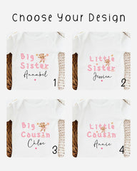 four different white t-shirts with text and images related to siblings, specifically Big Sister and Little Sister.