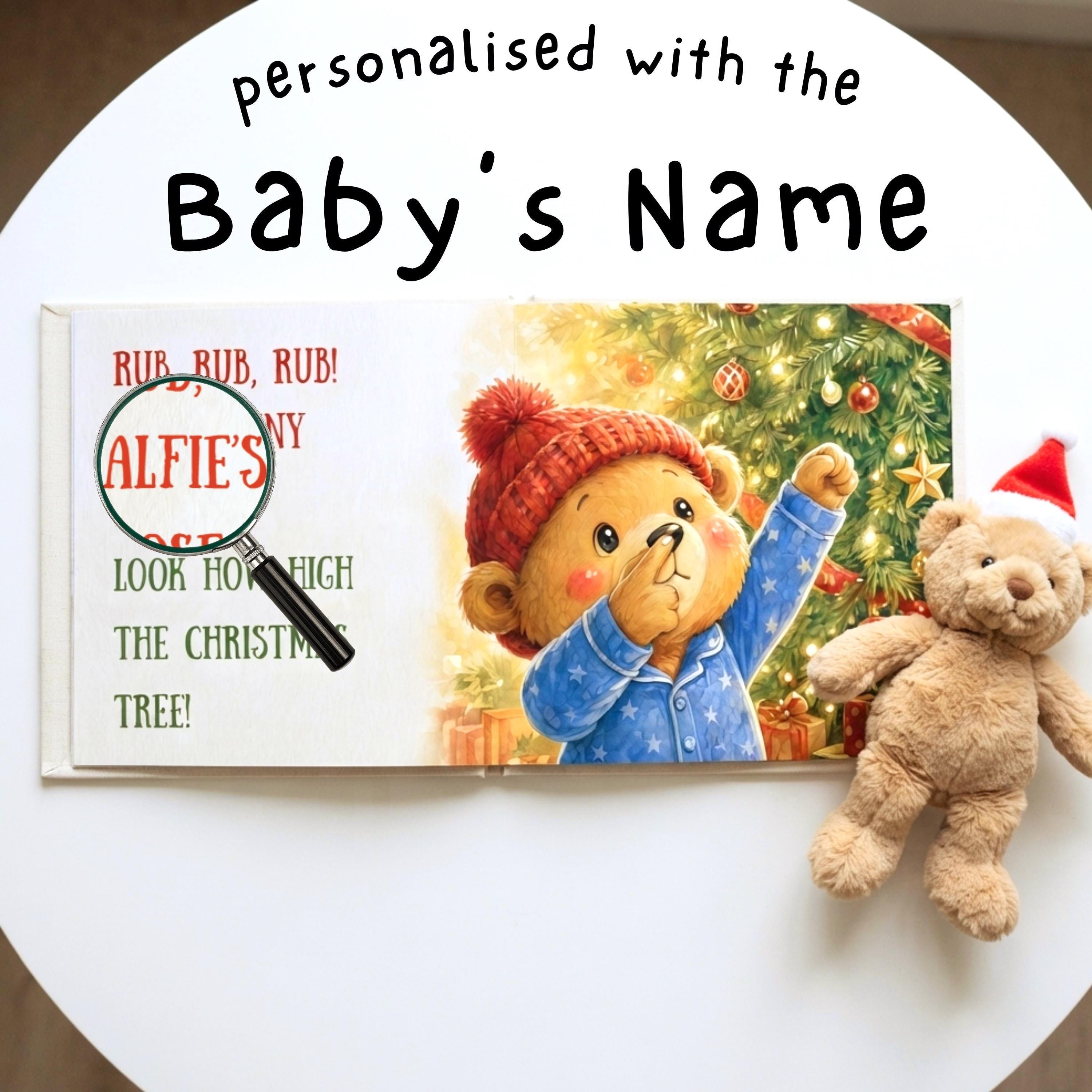 a teddy bear wearing a blue outfit and a red hat, with a magnifying glass over its head, and a Christmas tree in the background.