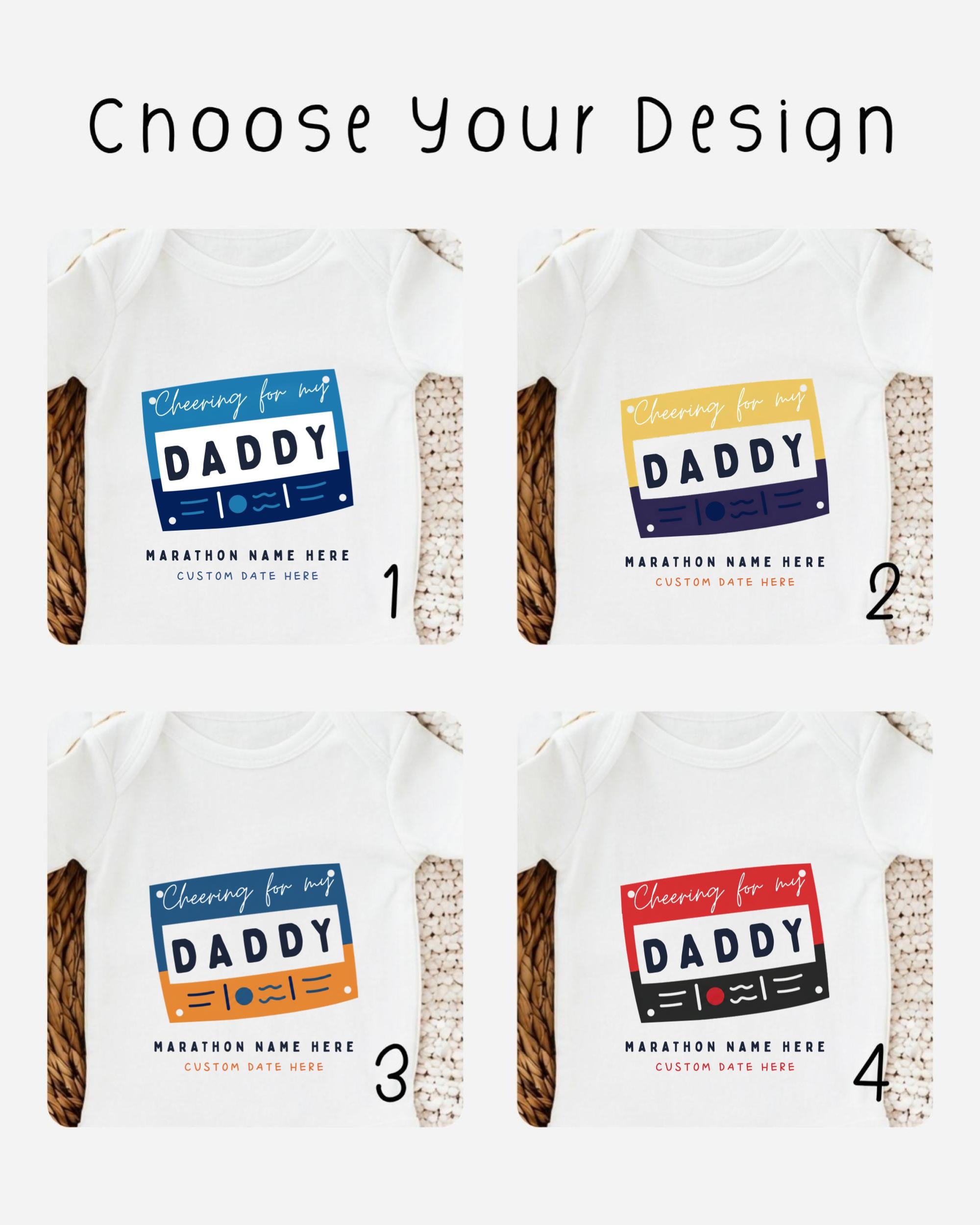 four different t-shirt designs featuring the word "DADY" in various colors and styles.
