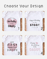 four different t-shirt designs with birthday-themed text, each featuring a unique message related to a first birthday celebration.