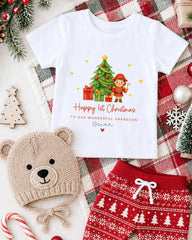 A white t-shirt with a Christmas-themed design, a beige knit hat, red and white patterned shorts, and various Christmas decorations such as a Christmas tree, ornaments, and a snowflake.