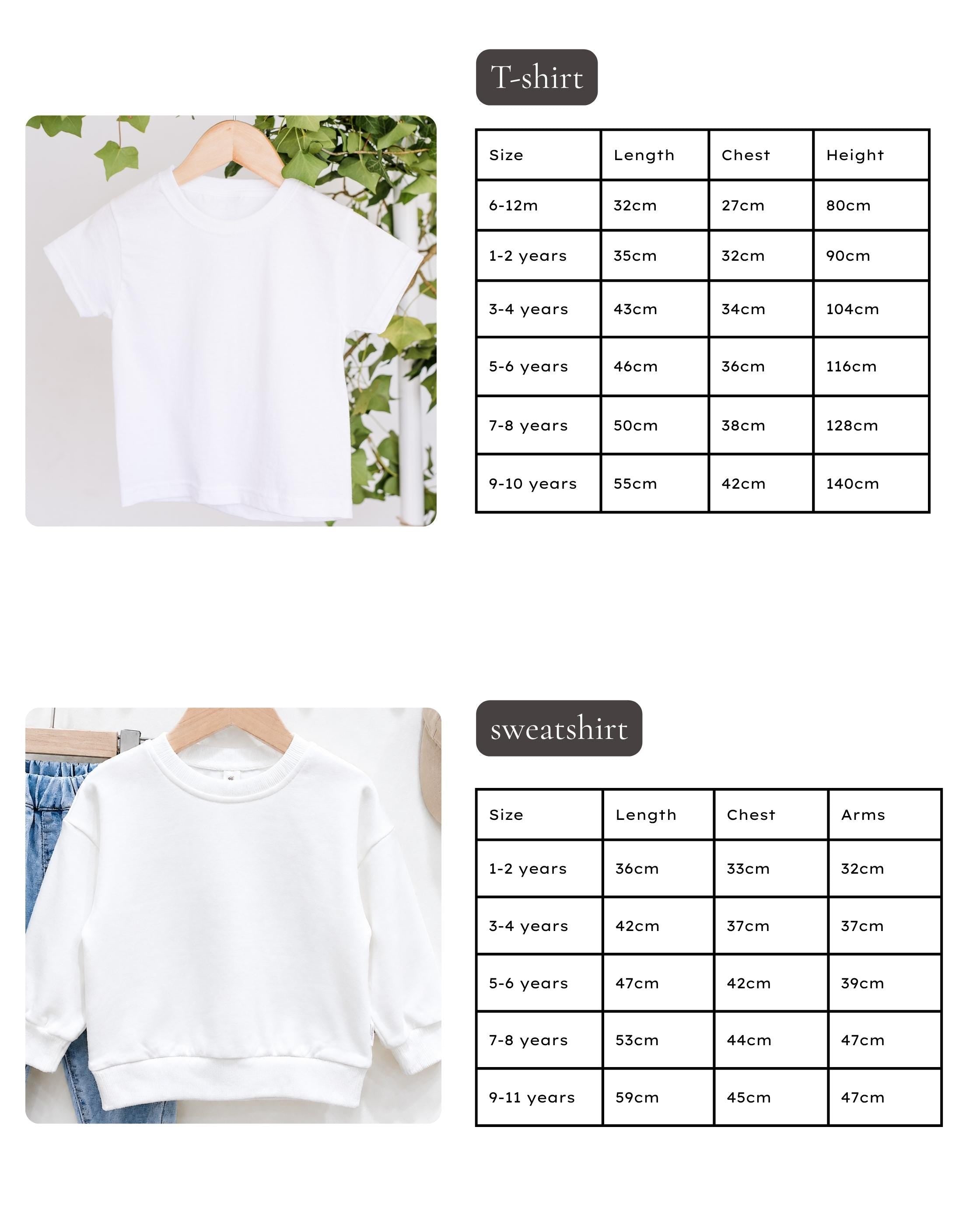 The image is a collage of two images: a white t-shirt and a white sweatshirt. The t-shirt is hanging on a hanger, and the sweatshirt is displayed on a hanger.