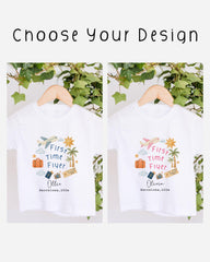 two white t-shirts with colorful designs and text, hanging on a wooden hanger. The text on the t-shirts reads "First Time Flyer" and "Olivia Barcelona, 2020".