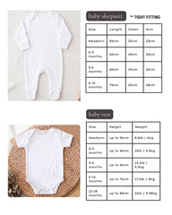The image is a collage of two photos: one showing a baby in a white onesie and the other showing a baby's white onesie hanging on a hanger.
