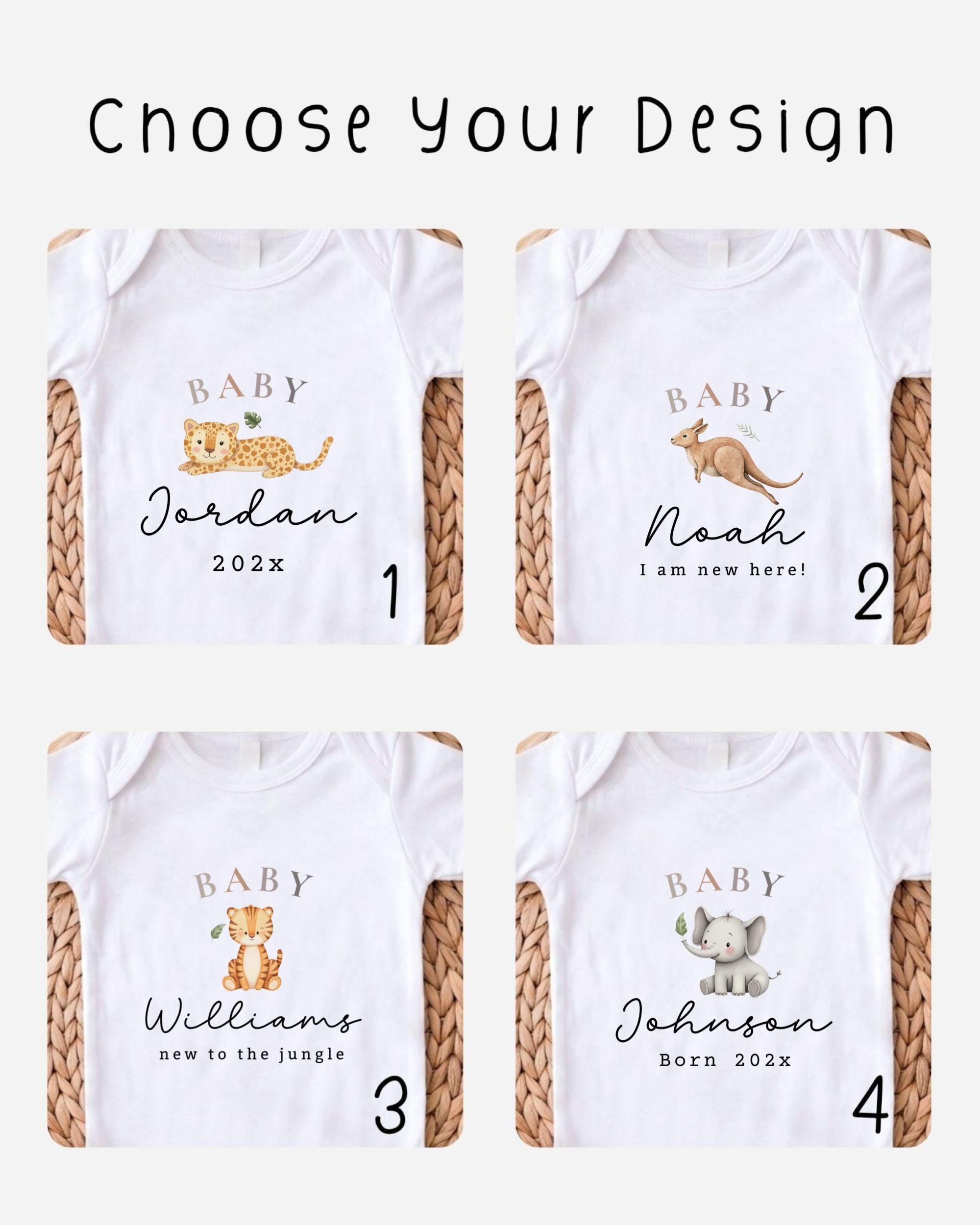 four baby t-shirts with different animal designs and names printed on them.