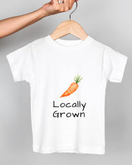 A white t-shirt with a printed design of a carrot and the text "Locally Grown" printed on it.