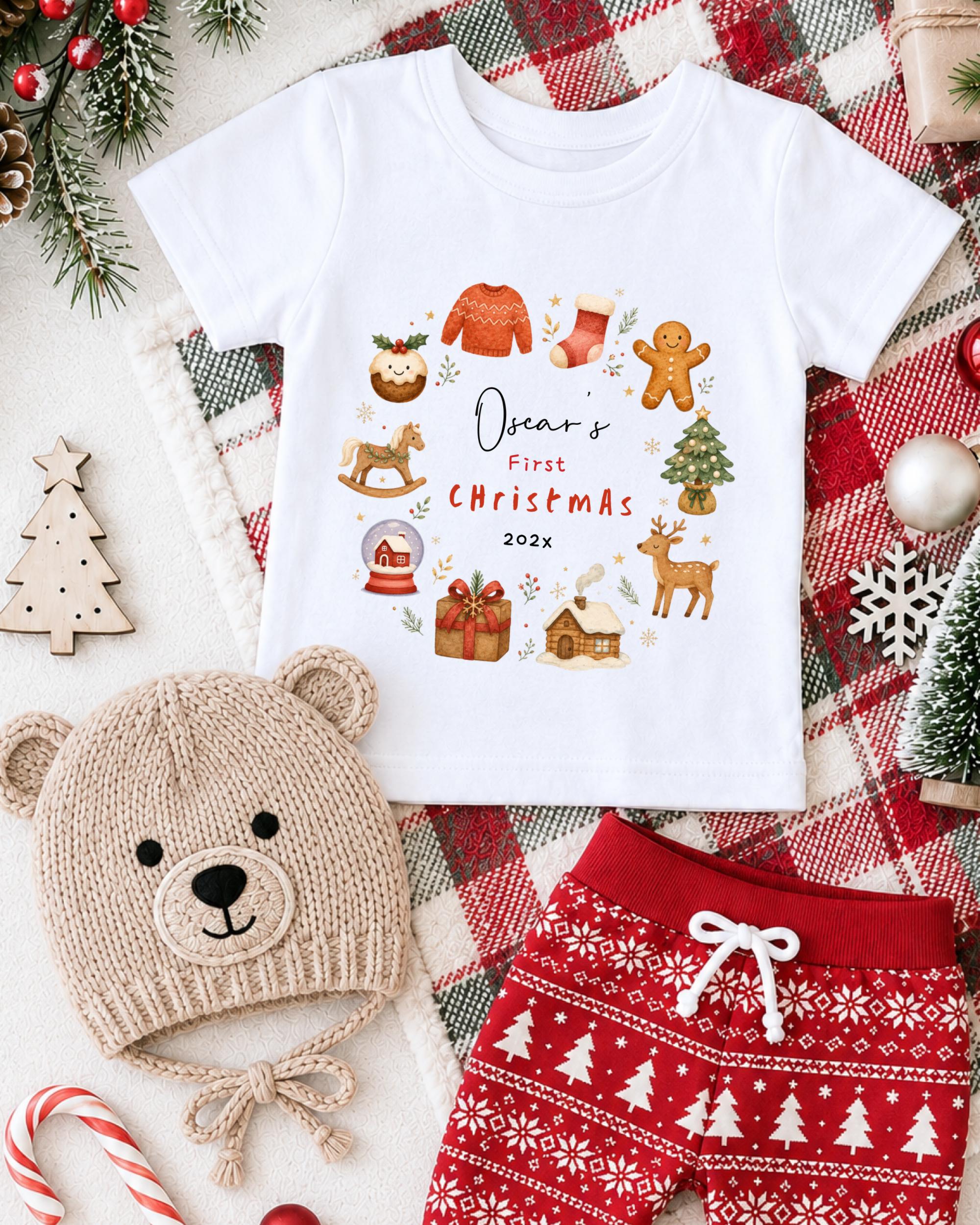 A white t-shirt with a graphic design, a beige knit hat, red and white patterned shorts, and various Christmas-themed items such as a gingerbread man, a snowman, and a Christmas tree.