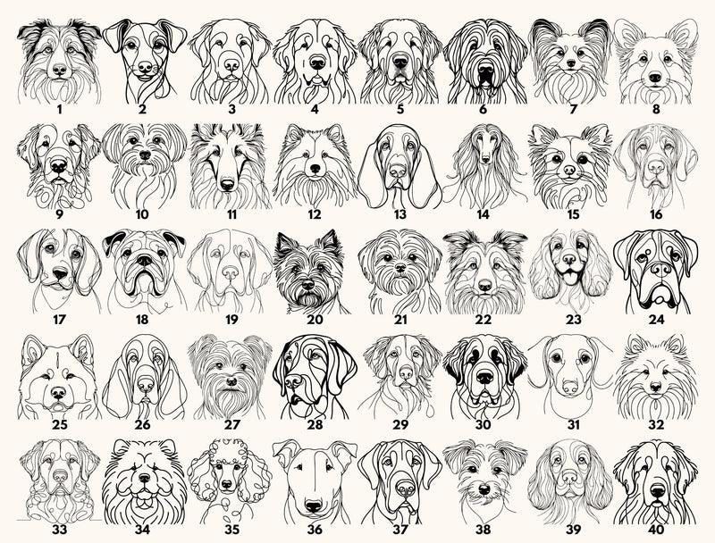 a grid of 24 black and white line drawings depicting various dog breeds, each with a unique facial expression and pose.