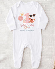 A white onesie with a personalized design and text printed on it.