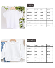 a collection of clothing items, including a white T-shirt and a white sweatshirt, along with their respective sizes and measurements.