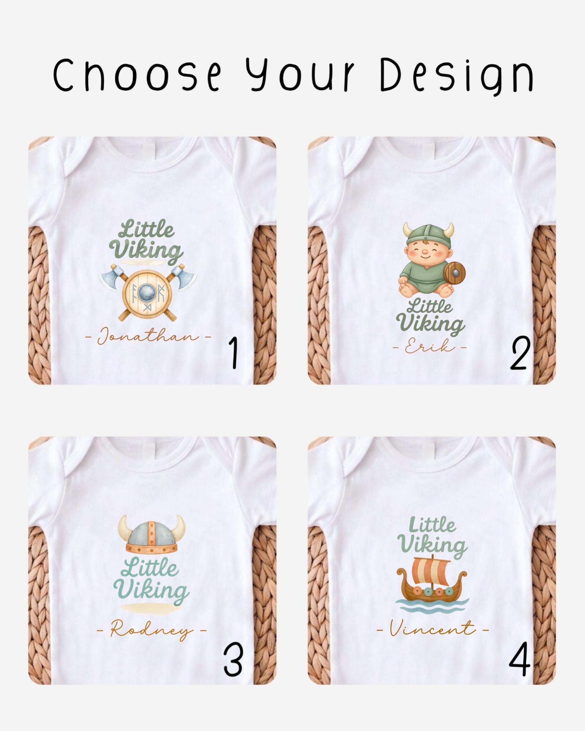 four different baby onesies with the name "Little Viking" printed on them.