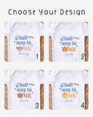 four different white t-shirts with a half-way to one theme, featuring a cartoon character and the names Henry and Jack.