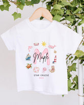 A white t-shirt with a graphic design featuring various nautical and marine-themed illustrations, including a ship, lighthouse, and other sea creatures. The text "Maple" is prominently displayed in the center, and the phrase "STAR CRUISE 2020" is written below the design.