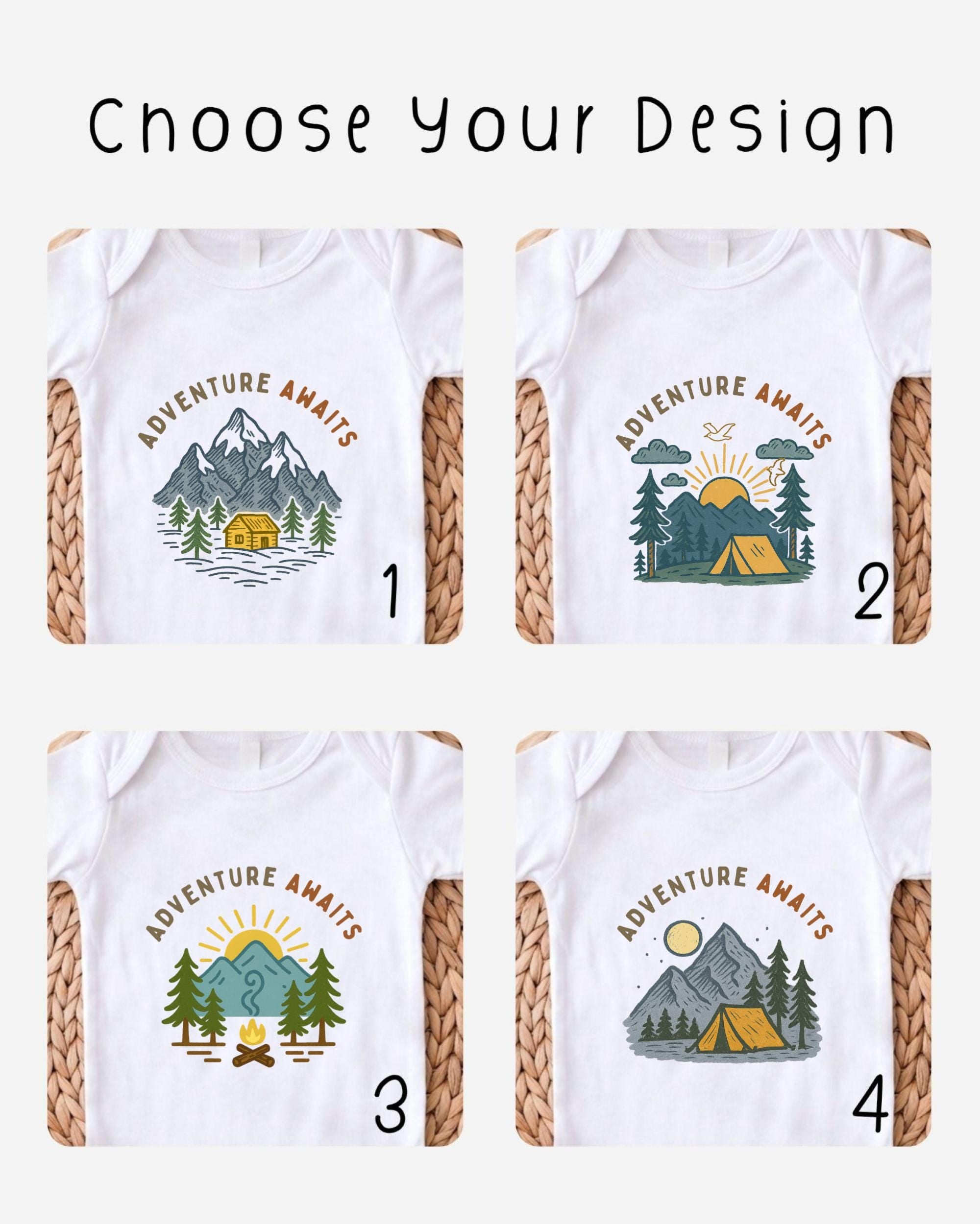 four different t-shirt designs featuring various camping and outdoor themes, including mountains, forests, tents, and campfires.