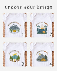 four different t-shirt designs featuring various camping and outdoor themes, including mountains, forests, tents, and campfires.