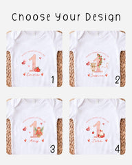 four different white t-shirts with personalized designs for a first birthday celebration. Each t-shirt features a unique design, including a number one, a heart, and a character. The designs are intended to represent the individual's name, age, and the theme of the first birthday party.