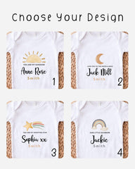 four different white t-shirts with personalized text and illustrations, each representing a different name and a different design.