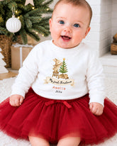 A smiling baby girl wearing a white sweater with a Christmas tree and a red tutu, sitting on a white carpet in front of a Christmas tree.