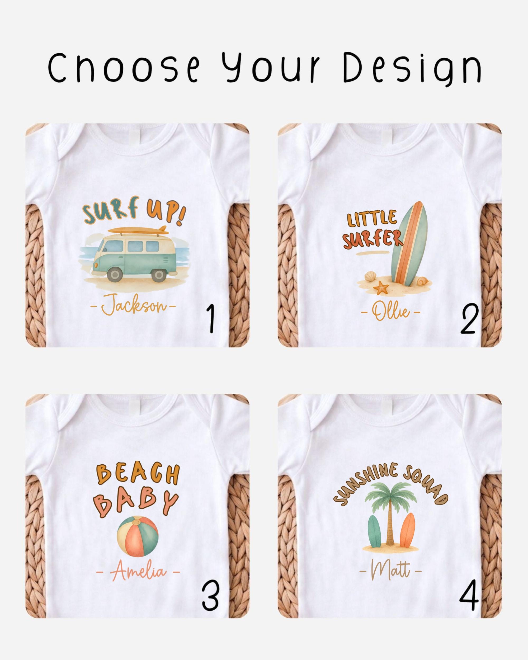 four different designs of white baby shirts, each featuring a unique beach-themed graphic. The designs include a surfboard, a beach ball, a palm tree, and a surfer.