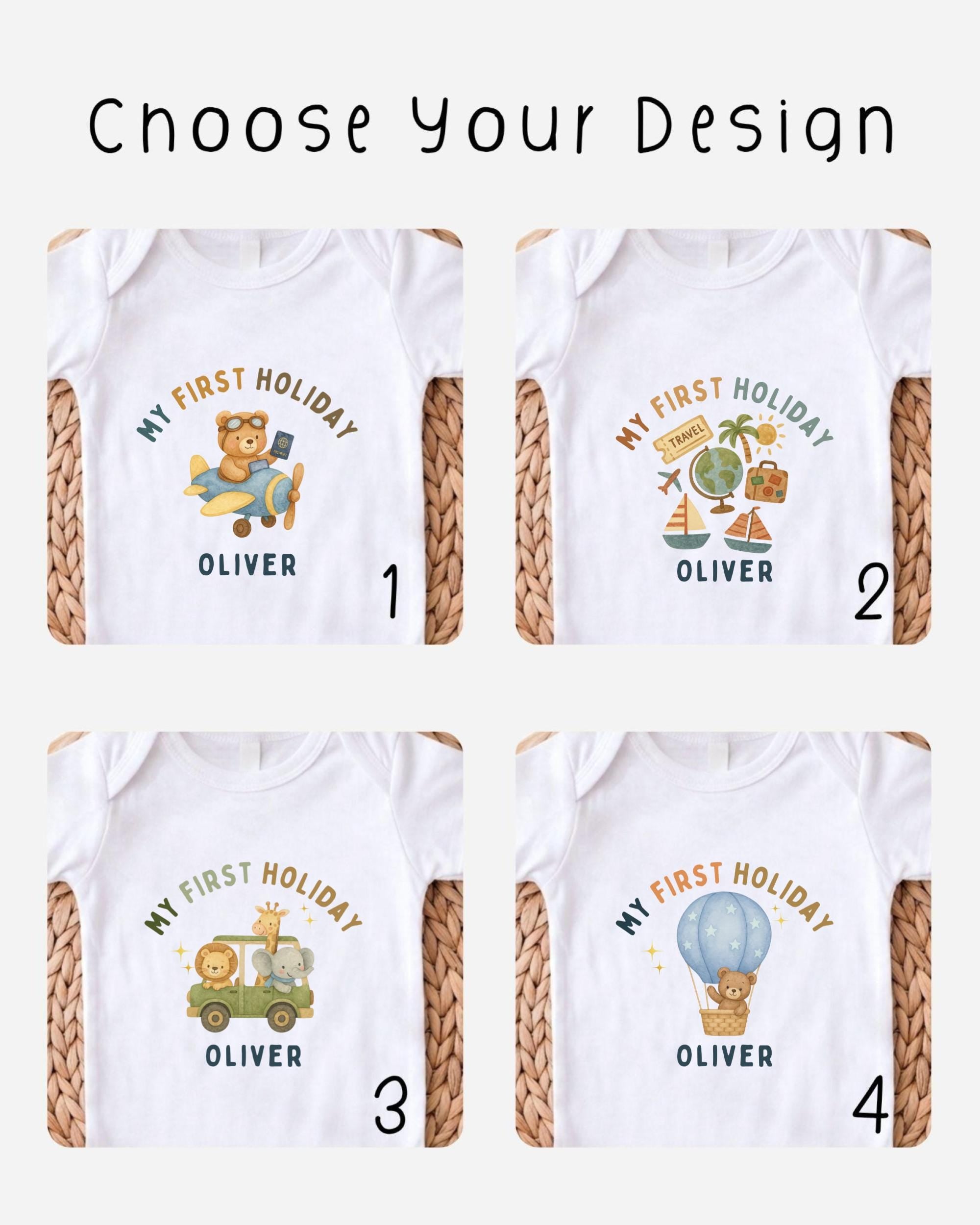four different t-shirt designs featuring a character named Oliver, each with a unique holiday-themed illustration.