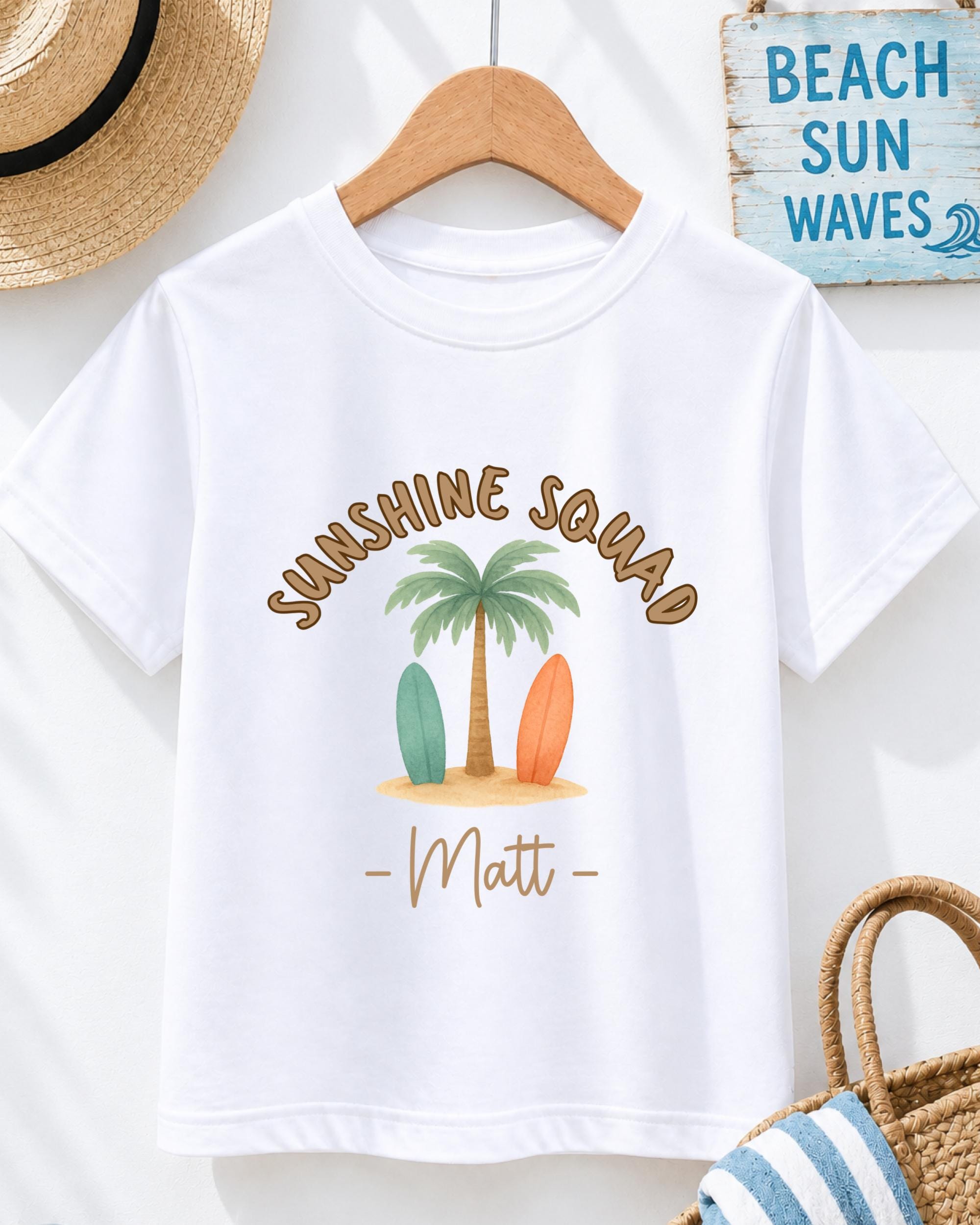 A white t-shirt with a graphic design featuring a palm tree, surfboards, and the text "SUNSHINE SQUAD Matt" printed on it.