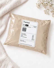 postal mail bag with a tracked shipping label showing generic recipient and sender addresses, styled on a white background with linen and delicate white flowers.