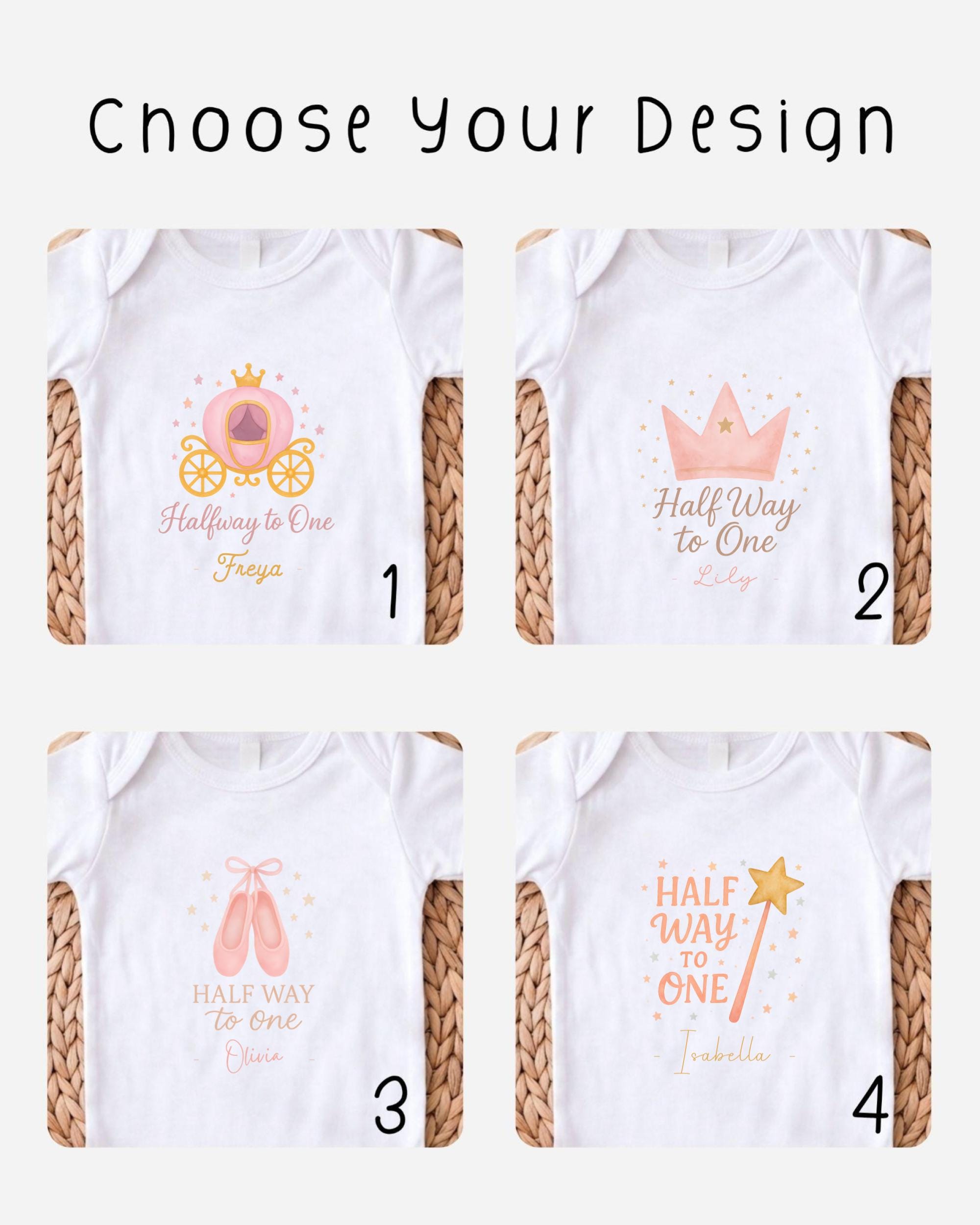 four different white t-shirts with various designs and text, including a princess-themed design, a half-way to one design, and a half-way to one design with a princess crown.