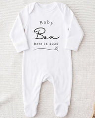 A white onesie with the text "Baby Box" printed on it.