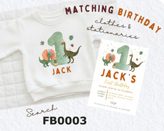 The image is a birthday invitation for a child named Jack, featuring a white t-shirt with a dinosaur design and a matching t-shirt, along with a birthday party invitation.